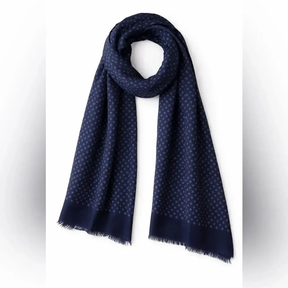 Lanvin Paris Navy Blue Dot Print Scarf Wrap 70% Cotton 30% Silk Italy